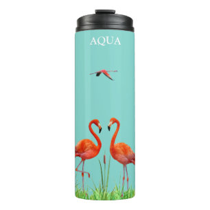 Elegant Vibrant Coral Pink Flamingos & Reed Plant Thermal Tumbler