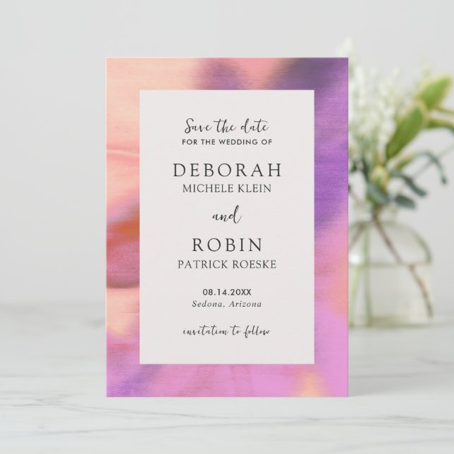 Elegant Vibrant Desert Sunset Modern Wedding Save The Date (Standing Front)