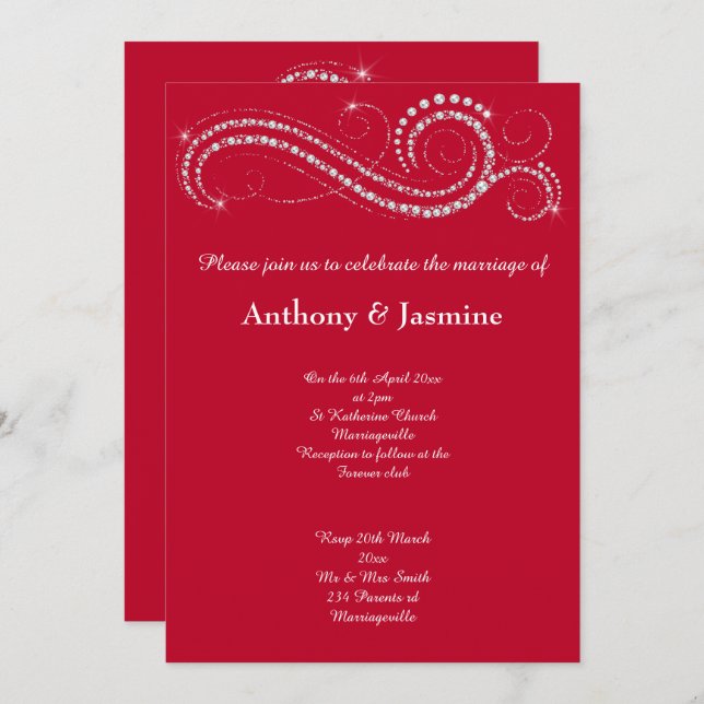 ELEGANT VIBRANT RED DIAMOND SWIRL WEDDING INVITATION (Front/Back)
