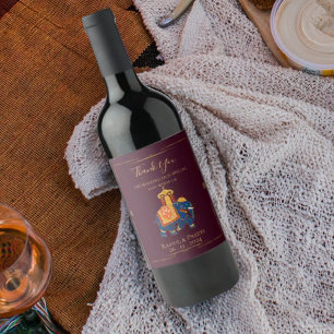 Elegant Vibrant Red Gold Mandala Indian Wedding Wine Label