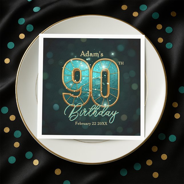 Elegant Vibrant Teal and Gold 90th Birthday Napkin (Creator Uploaded)