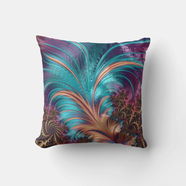 Elegant Vibrant Turquoise Purple Abstract Feathers Cushion (Front)