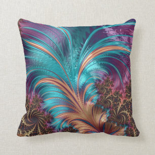 Elegant Vibrant Turquoise Purple Abstract Feathers Cushion
