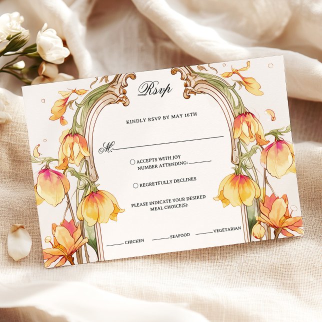 Elegant Vibrant Yellow and Gold Floral Wedding RSVP Card (Creator Uploaded)