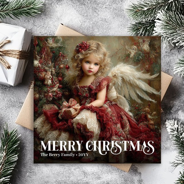 Elegant Victorian Angel Burgundy Red Green Gold  Holiday Card (Elegant Victorian Angel Burgundy Red Green Gold Card)