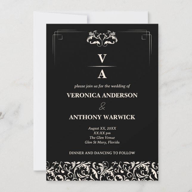 Elegant Victorian Black & White Floral Wedding Invitation (Front)