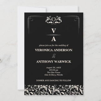 Elegant Victorian Black & White Floral Wedding Invitation
