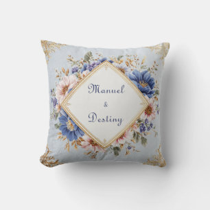 Elegant Victorian Blue and Gold Floral Design Cushion