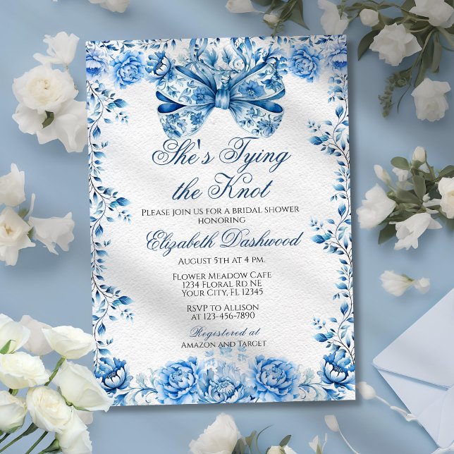 Elegant Victorian Blue Floral Bow Bridal Shower Invitation (Creator Uploaded)