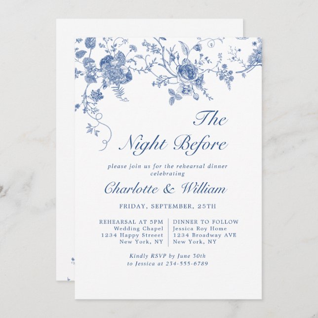 Elegant Victorian Blue Floral Rehearsal Dinner Invitation (Front/Back)