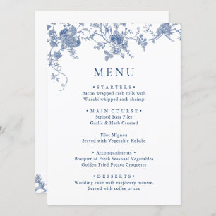 Elegant Victorian Blue Floral Wedding Dinner Menu