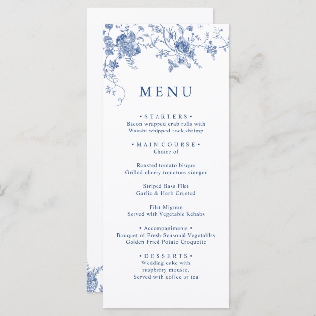 Elegant Victorian Blue Floral Wedding Dinner Menu (Front/Back)