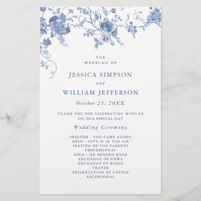 Elegant Victorian Blue Floral Wedding Program (Front)