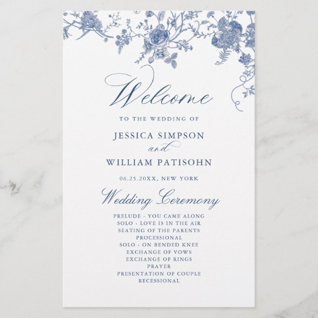 Elegant Victorian Blue Floral Wedding Program (Front)