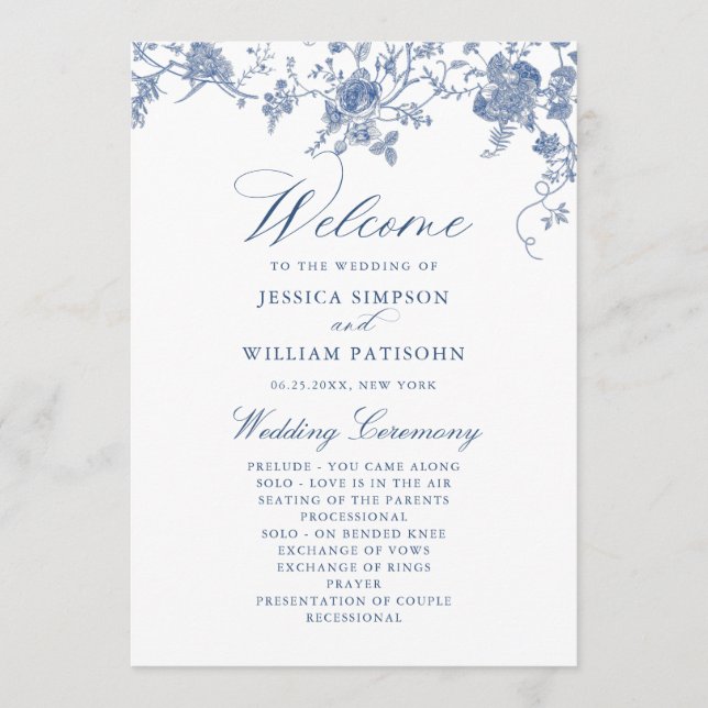 Elegant Victorian Blue Floral Wedding Program (Front)