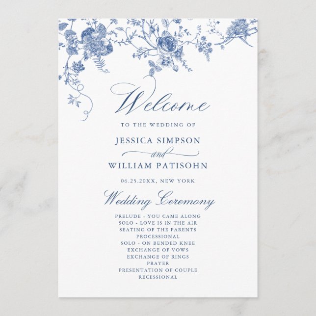 Elegant Victorian Blue Floral Wedding Program (Front)