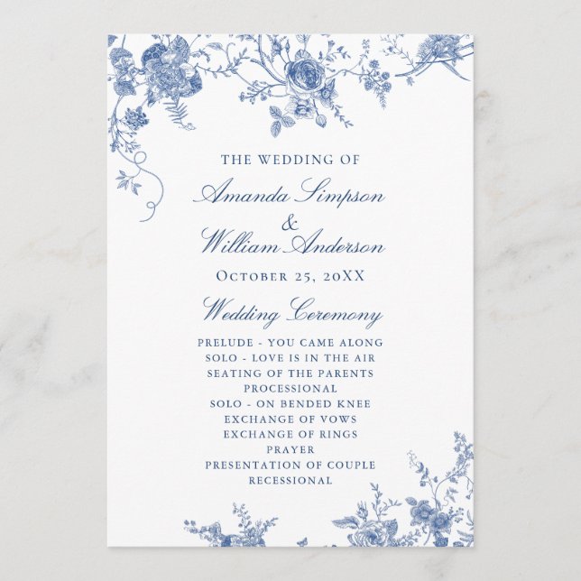 Elegant Victorian Blue Floral Wedding Program (Front)