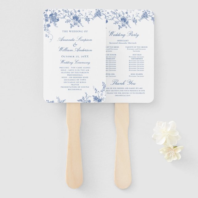 Elegant Victorian Blue Floral Wedding Program Hand Fan (Front and Back)