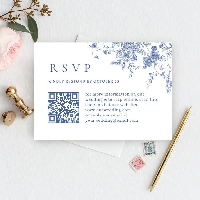 Elegant Victorian Blue Floral Wedding QR code RSVP Card (Creator Uploaded)