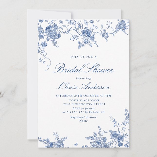 Elegant Victorian Blue French Floral BRIDAL SHOWER Invitation (Front)