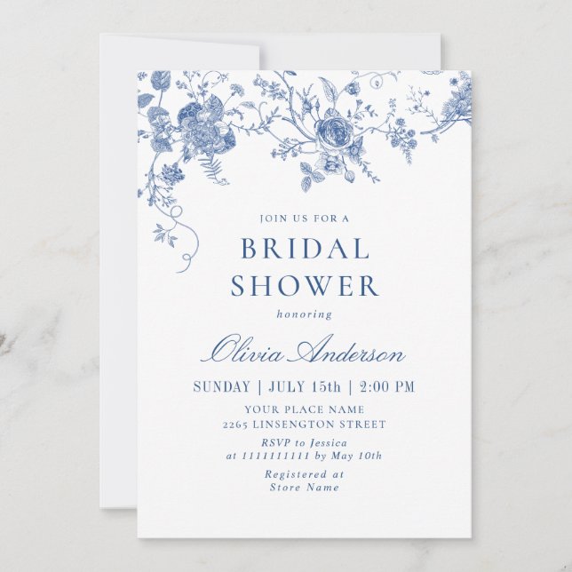 Elegant Victorian Blue French Floral BRIDAL SHOWER Invitation (Front)