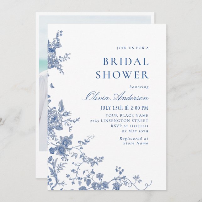Elegant Victorian Blue French Floral BRIDAL SHOWER Invitation (Front/Back)