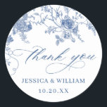 Elegant Victorian Blue French Floral Wedding Classic Round Sticker<br><div class="desc">For further customisation,  please click the "customise further" link and use our design tool to modify this template. 
If you need help or matching items,  please contact me.</div>
