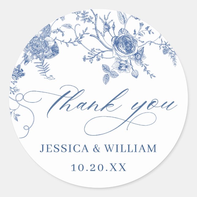 Elegant Victorian Blue French Floral Wedding Classic Round Sticker (Front)