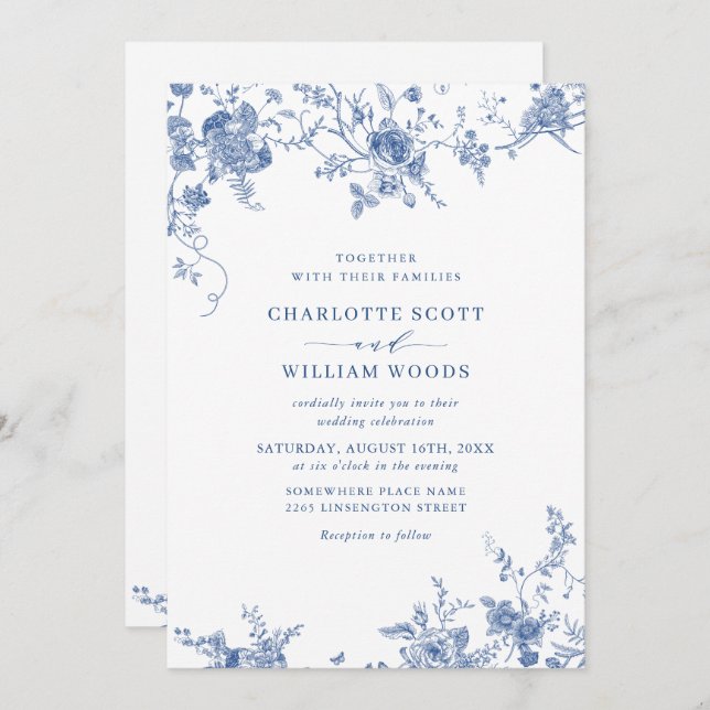 Elegant Victorian Blue French Floral Wedding Invitation (Front/Back)