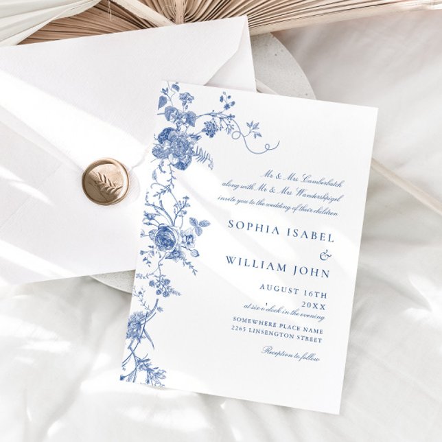Elegant Victorian Blue French Floral Wedding Invitation (Creator Uploaded)