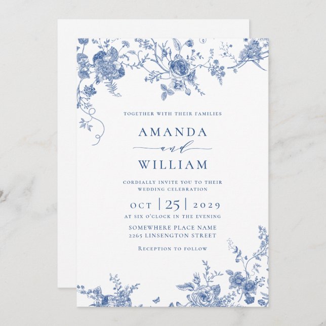 Elegant Victorian Blue French Floral Wedding Invitation (Front/Back)