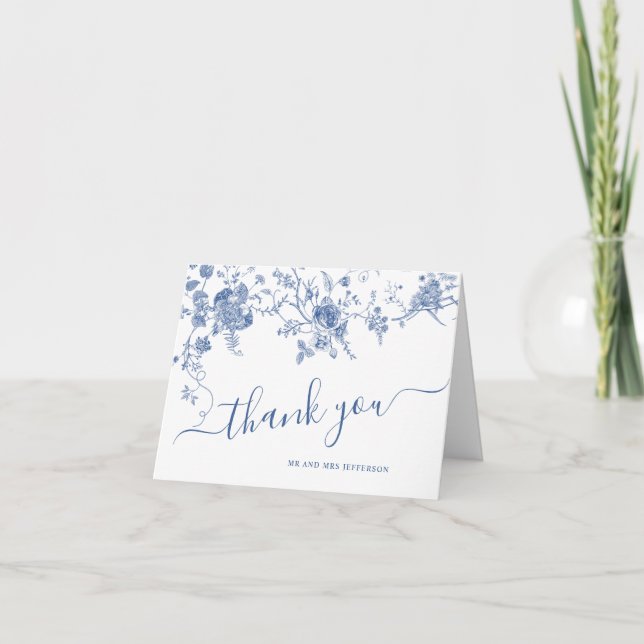Elegant Victorian Blue French Floral Wedding Thank You Card (Front)