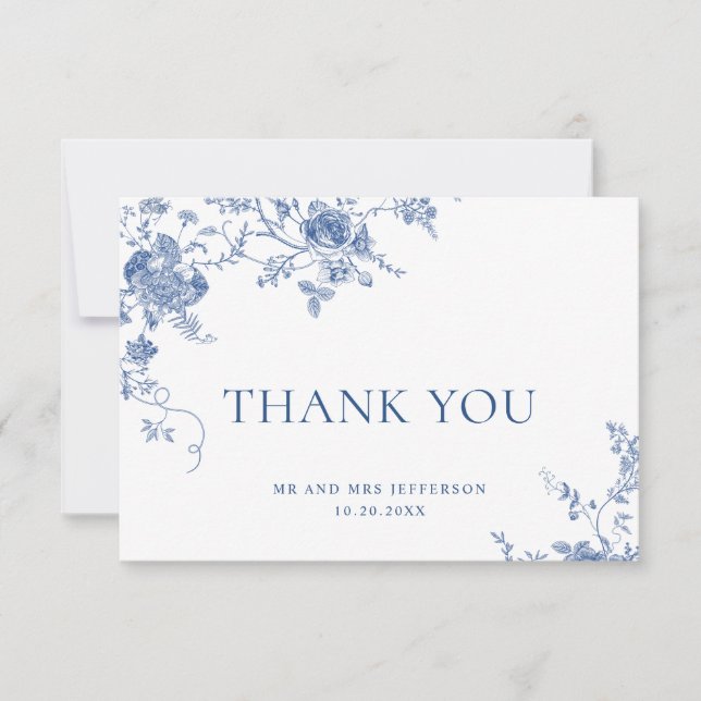 Elegant Victorian Blue French Floral Wedding Thank You Card (Front)