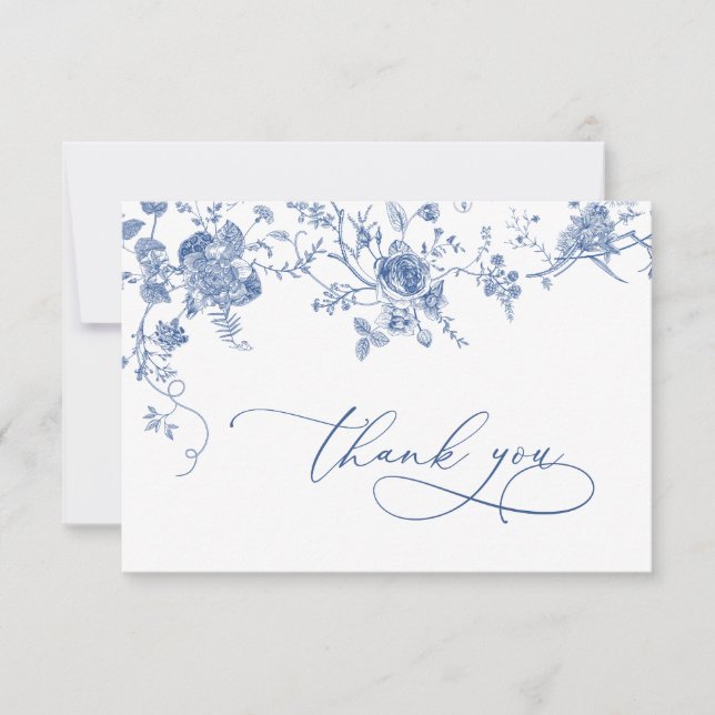 Elegant Victorian Blue French Floral Wedding Thank You Card (Front)