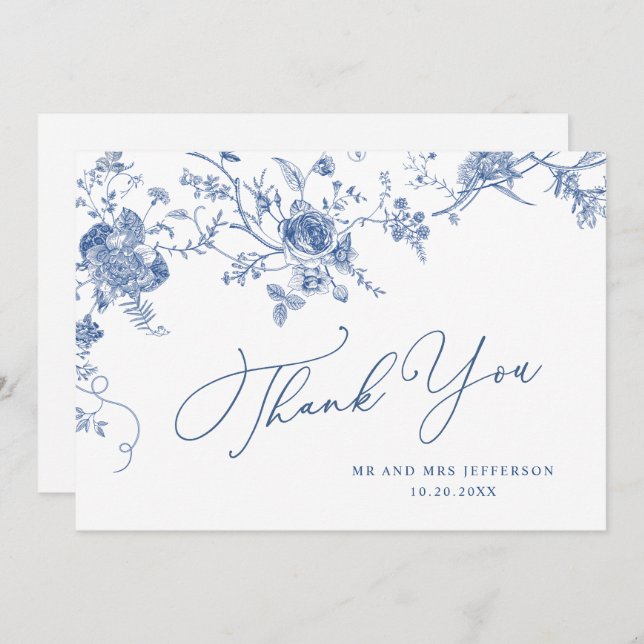 Elegant Victorian Blue French Floral Wedding Thank You Card (Front/Back)