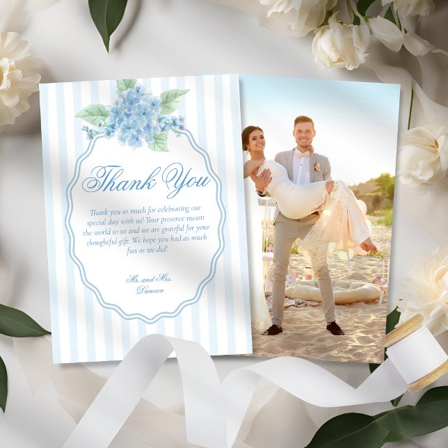 Elegant Victorian Blue Hydrangea Photo Wedding Thank You Card (Creator Uploaded)