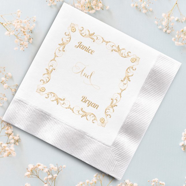 Elegant Victorian Bride and Groom Names Foil Napkins (Creator Uploaded)