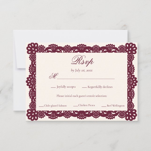Elegant Victorian Burgundy Ivory Lace Wedding Meal RSVP Card (Front)