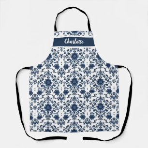 Elegant Victorian Damask Flower Pattern Navy Blue  Apron