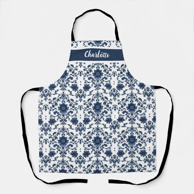 Elegant Victorian Damask Flower Pattern Navy Blue  Apron (Front)