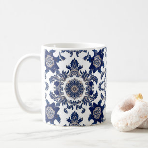 Elegant Victorian Damask Flower Pattern Navy Blue Coffee Mug