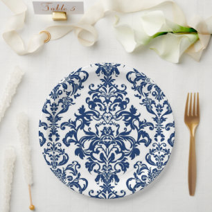 Elegant Victorian Damask Flower Pattern Navy Blue  Paper Plate