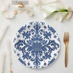 Elegant Victorian Damask Flower Pattern Navy Blue  Paper Plate