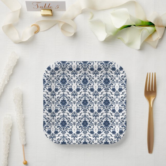 Elegant Victorian Damask Flower Pattern Navy Blue  Paper Plate (Wedding)