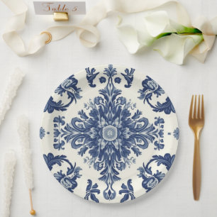 Elegant Victorian Damask Flower Pattern Navy Blue Paper Plate