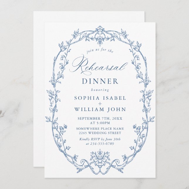 Elegant Victorian Dusty Blue Rehearsal Dinner Invitation (Front/Back)