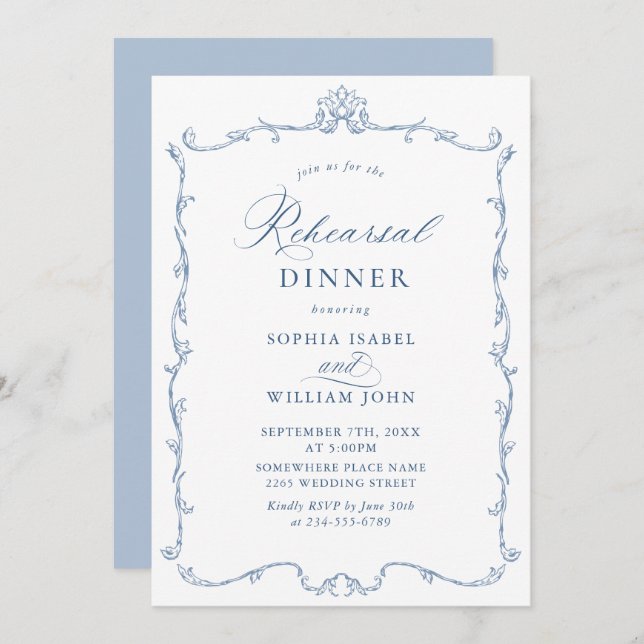 Elegant Victorian Dusty Blue Rehearsal Dinner Invitation (Front/Back)