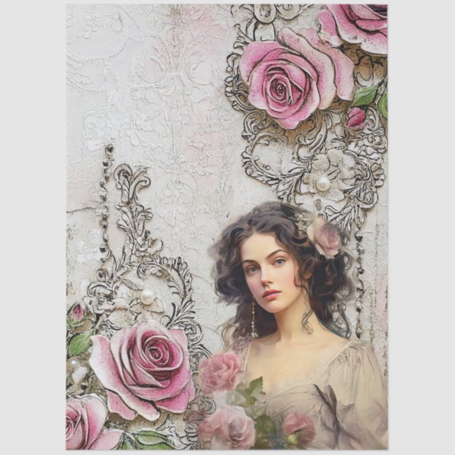 Elegant Victorian Era Lady Lavender Roses & Lace Tissue Paper (Front)