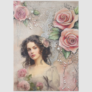 Elegant Victorian Era Lady Pink Roses & Lace Tissue Paper