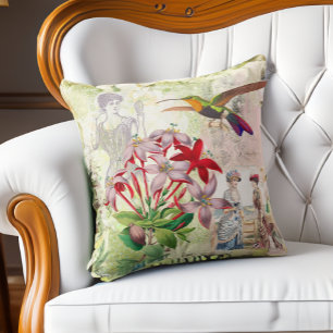 Elegant Victorian Fashion Collage Flowers Birds Cushion